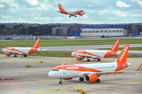 London, England, UK - 1 August 2023: Passenger planes operated by budget airline easyjet at London Gatwick airport
