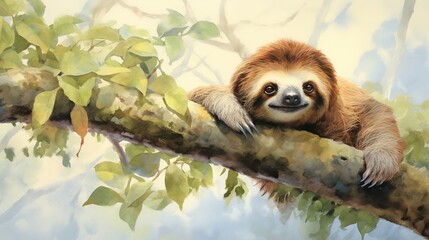 Fototapeta premium a painting of a sloth sitting on a tree branch. generative ai