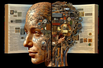 Head with Gears and Book - Science. Generated AI - obrazy, fototapety, plakaty