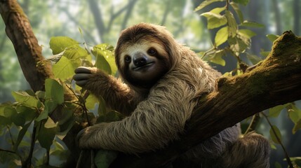 Fototapeta premium a sloth hanging from a tree branch in a forest. generative ai