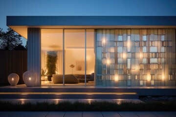 The home front wall design features a combination of sleek glass panels and minimalist concrete, blending transparency and solidity seamlessly. Generative AI