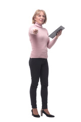 Full length portrait of smiling business woman pointing on blank clipboard