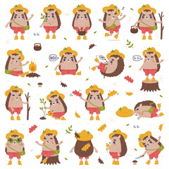 Cute Hedgehog Character in Hat and Shorts Engaged in Different Activity Vector Set
