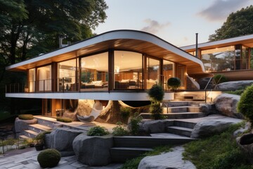 Obraz premium The house exterior design is elevated by a mix of materials, from concrete and glass to wooden slats, presenting a dynamic and inviting facade. Generative AI
