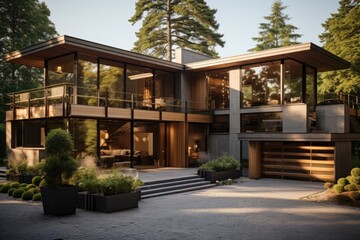 The house exterior design is elevated by a mix of materials, from concrete and glass to wooden slats, presenting a dynamic and inviting facade. Generative AI