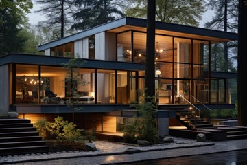 The house exterior design is elevated by a mix of materials, from concrete and glass to wooden slats, presenting a dynamic and inviting facade. Generative AI