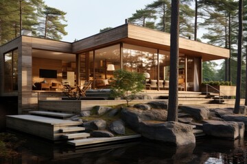 Obraz premium The house exterior design is elevated by a mix of materials, from concrete and glass to wooden slats, presenting a dynamic and inviting facade. Generative AI