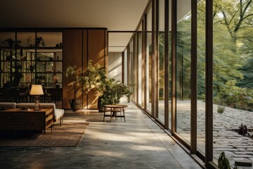 Fototapeta premium A minimalist yet inviting entrance is achieved with a sleek pathway leading to a pivot door framed by floor-to-ceiling windows, welcoming residents and guests alike. Generative AI