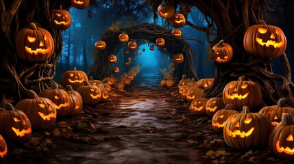  a pathway with pumpkins lit up in the night sky.  generative ai