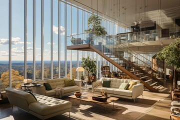 A grand entrance unfolds as a double-height glass wall offers a panoramic view of the interiors, establishing a strong visual connection. Generative AI