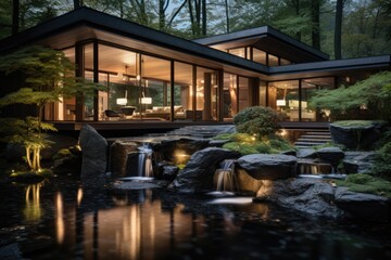 Obraz premium The house exterior design is accentuated by a sleek waterfall feature that cascades down the home front, infusing a serene and tranquil ambiance. Generative AI