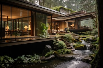 Fototapeta na wymiar The house exterior design is accentuated by a sleek waterfall feature that cascades down the home front, infusing a serene and tranquil ambiance. Generative AI