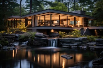 Fototapeta na wymiar The house exterior design is accentuated by a sleek waterfall feature that cascades down the home front, infusing a serene and tranquil ambiance. Generative AI