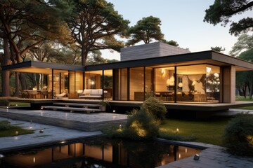 Obraz premium The modern house front elevation design features a seamless integration of indoor and outdoor spaces, with expansive glass walls that bring the outside in. Generative AI