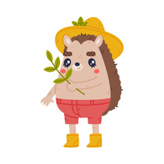 Cute Hedgehog Character in Hat and Shorts Hold Green Twig Vector Illustration
