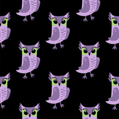 Pattern with owls, birds. A pattern of vivid dreams on a black background. The birds are made in a flat style.