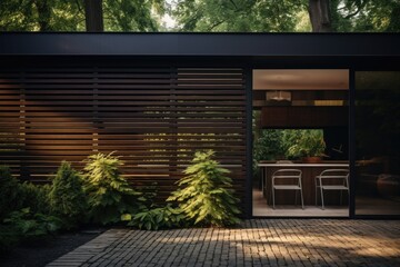 A contemporary twist is added to tradition with a wooden slat screen that complements the clean lines of the house exterior, enhancing privacy and aesthetics. Generative AI