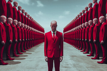 Homme en rouge dont l'image se reflète indéfiniment - Générative iA - obrazy, fototapety, plakaty