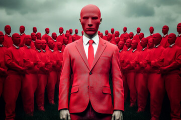 Homme en costume rouge debout deavant une multitude de personnes sans visage - Générative IA - obrazy, fototapety, plakaty