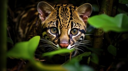  a close up of a cat in a tree with leaves.  generative ai