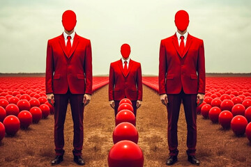 Hommes en rouge, sans visage, debout dans un champ de boules rouges, image surréaliste - Générative IA - obrazy, fototapety, plakaty