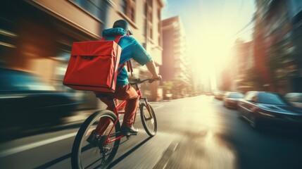 Fototapeta premium Ai generative image of food delivery man riding a bicycle on a city street with a large backpack on sunset