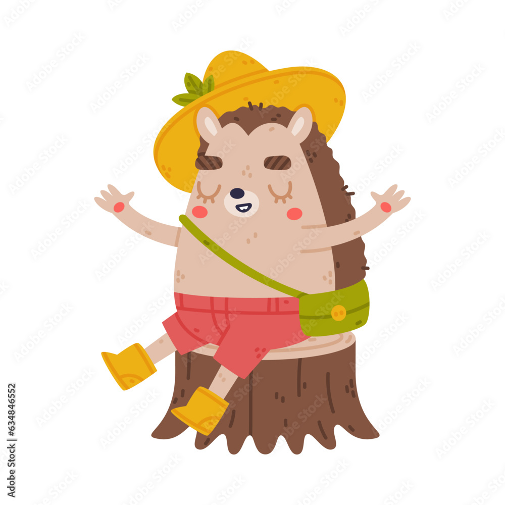 Wall mural cute hedgehog character in hat and shorts sitting on tree stump vector illustration