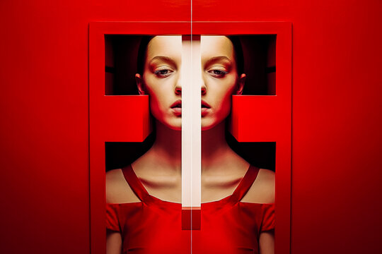 Portrait de femme coupée en deux dans un cadre rouge  - Concept de l'image de soi que l'on montre - Générative iA