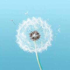 Beautiful white dandelion on blue background with copy space. Illustration | Generative AI