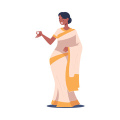 Hindu Woman Character in National Sari Costume in Standing Pose Vector Illustration