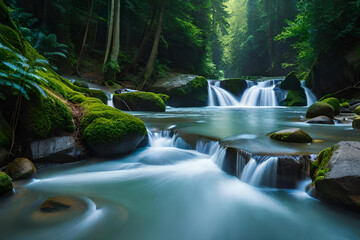 Beautiful river mountain forest. Landscape sharp mountains river bank and pines. Generative AI