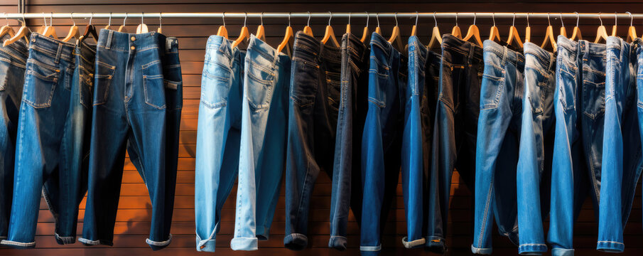 Denim trausers hanging on rack wide banner.