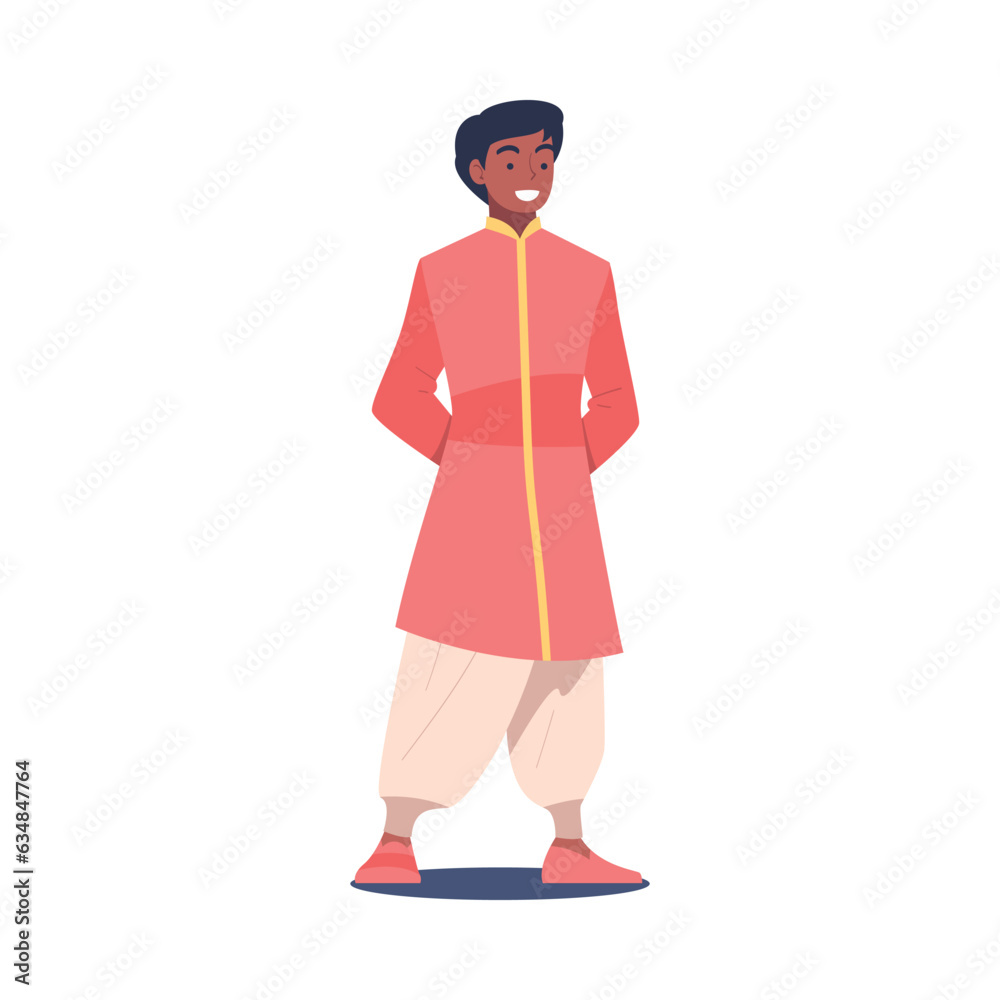 Sticker Happy Hindu Man Character in National Costume in Standing Pose Vector Illustration