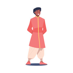 Happy Hindu Man Character in National Costume in Standing Pose Vector Illustration