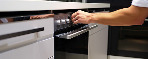 Man hand open oven door and adjust time for cooking.