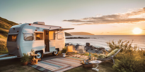 A luxurious vintage camper decorated with furnishings, cozy pretty outdoor interior. A lovely motorhome station.