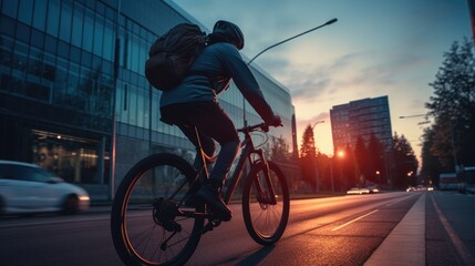 Ai generative image of food delivery man riding a bicycle on a city street with a large backpack on sunset - obrazy, fototapety, plakaty