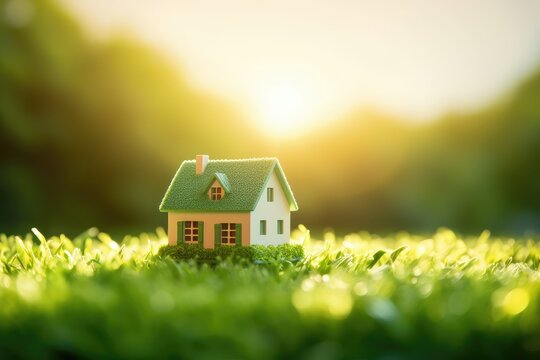 A small miniature green house in grass at sunset.