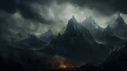 a dark mountain scene with lightning and lightning in the sky.  generative ai