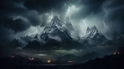 Fotobehang  a mountain covered in lightning with a dark sky above it.  generative ai © Anna