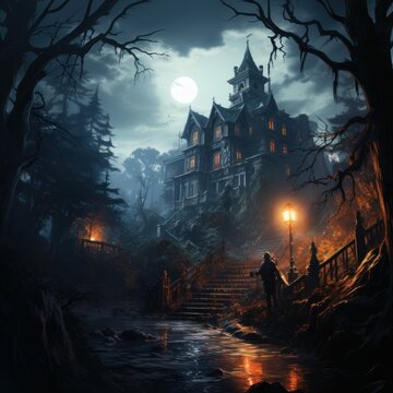 print illustration of a creepy abandoned house with paranormal activity in a creppy landscape