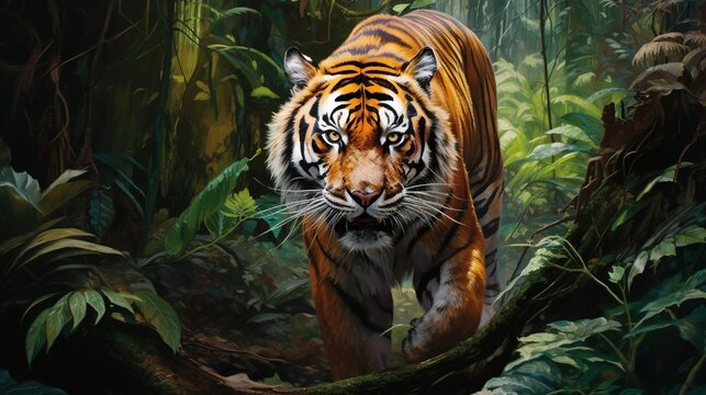  a painting of a tiger walking through a forest of trees.  generative ai