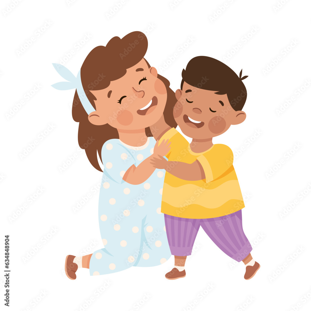 Canvas Prints Little Boy and Girl Hugging Together Feel Happy Vector Illustration