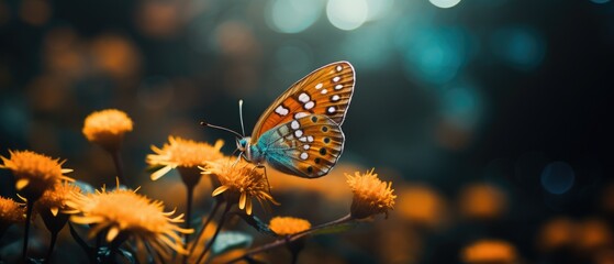 Obraz premium Autumn morning with pretty orange wing butterfly in outdoor garden sitting on flowers with wings fluttering, panoramic macro closeup, bokeh blur - generative AI