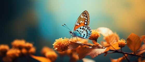Obraz premium Autumn morning with pretty orange wing butterfly in outdoor garden sitting on flowers with wings fluttering, panoramic macro closeup, bokeh blur - generative AI