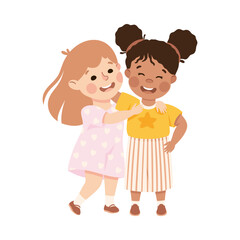 Little Girl Character Hugging Together Feel Happy Vector Illustration