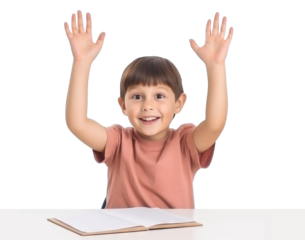 Happy pupil raising hands, cut out