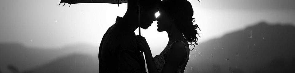 Man and Woman Sharing a Loving Kiss Under an Umbrella. Passionate Moment in Rain