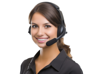 Happy call center assistant wearing headset, cut out