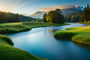 Beautiful river mountain forest. Landscape sharp mountains river bank and pines. Generative AI